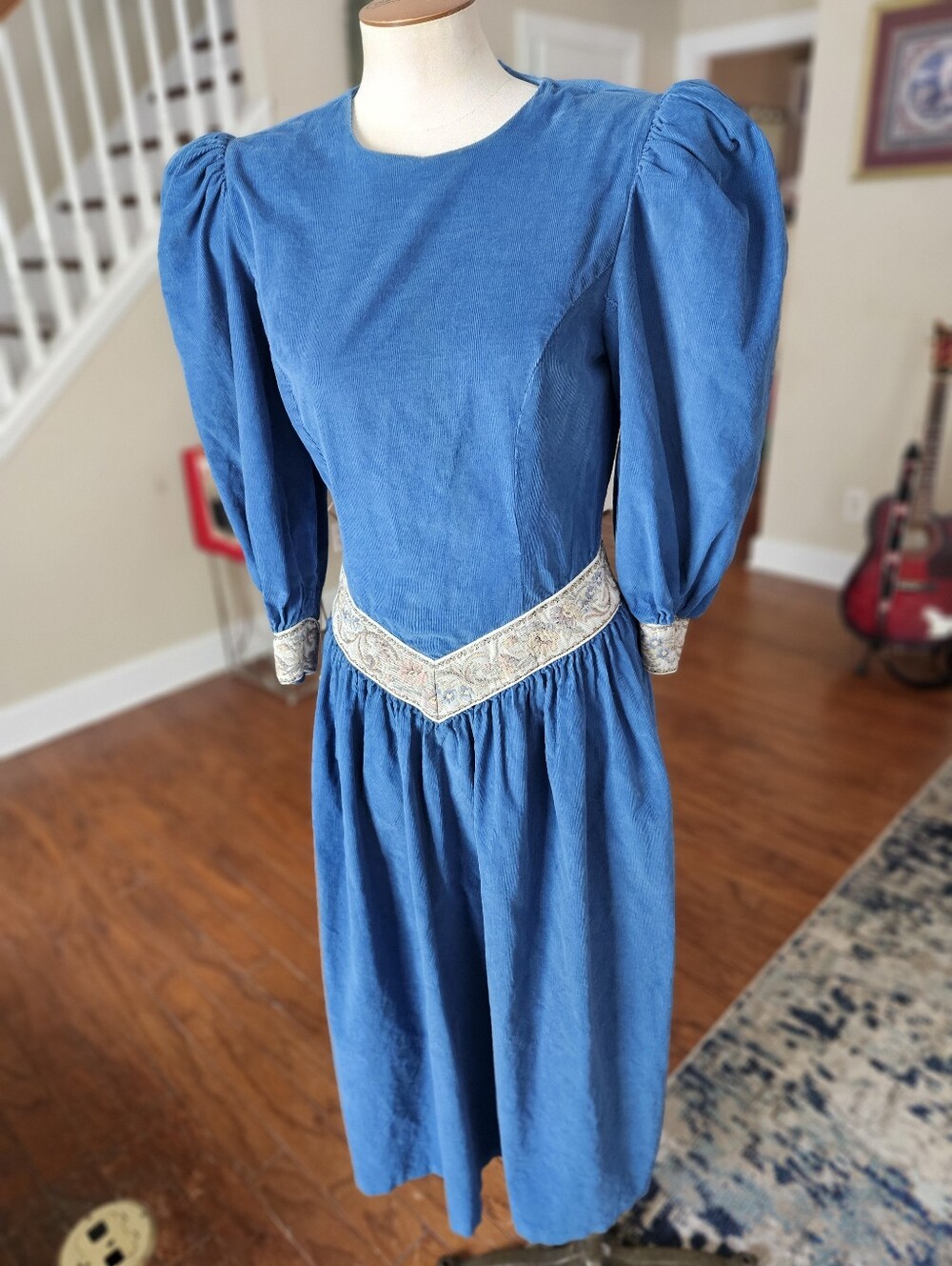 VTG 70s 80s Go Vicki! Thin Corduroy Poof Sleeves Dress Size 7/8